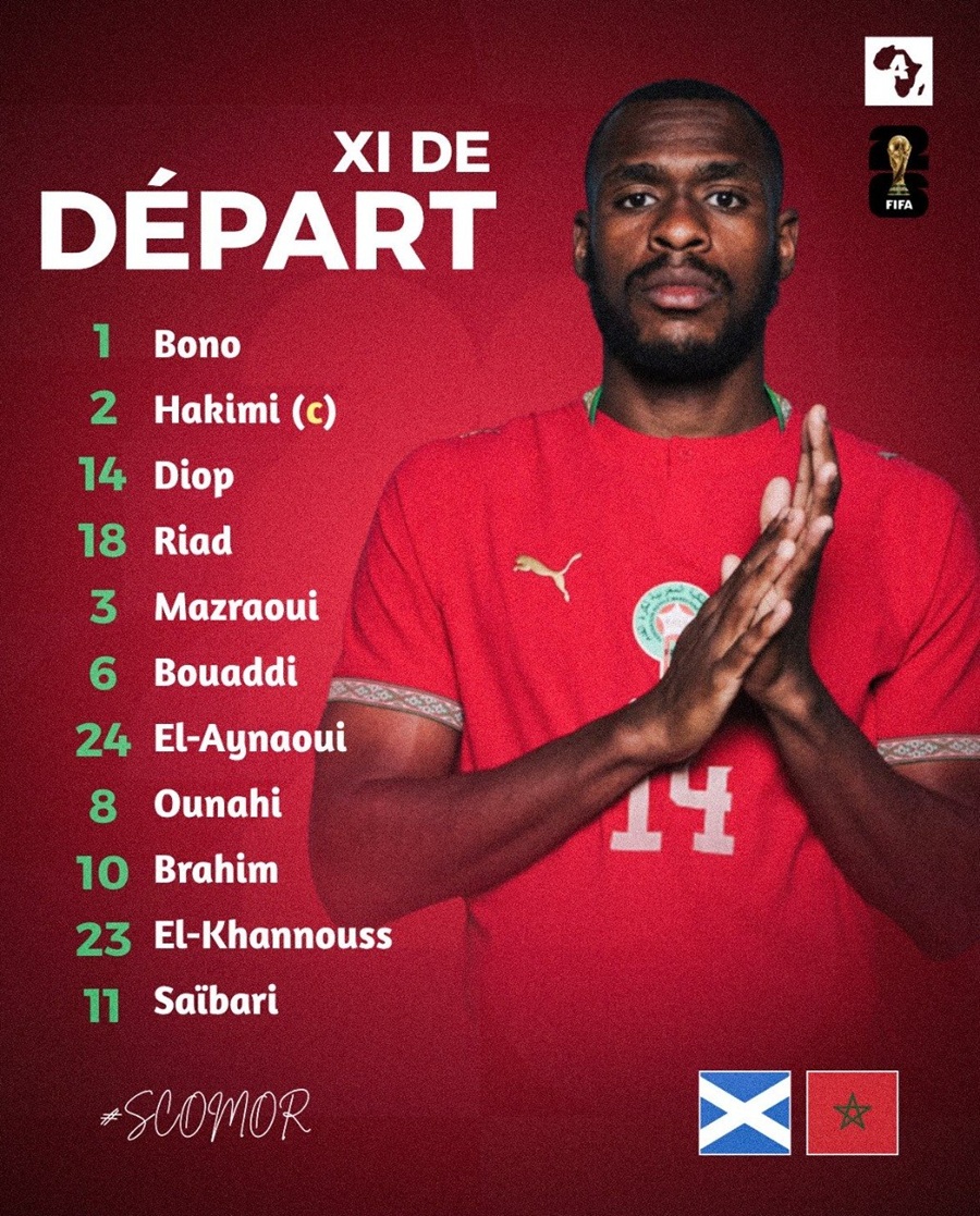 تشكيلة المغرب الرسمية لمواجهة اسكتلندا في كأس العالم 2026. (إكس)