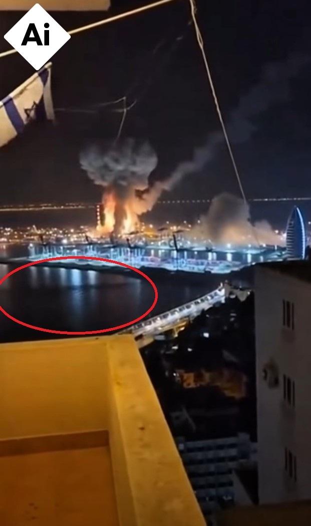 صورة ملتقطة من الشاشة في 11 آذار/مارس 2026 من المقطع المتداول مع إضافة وسم يشير إلى أنّ الصورة مولّدة بالذكاء الاصطناعي