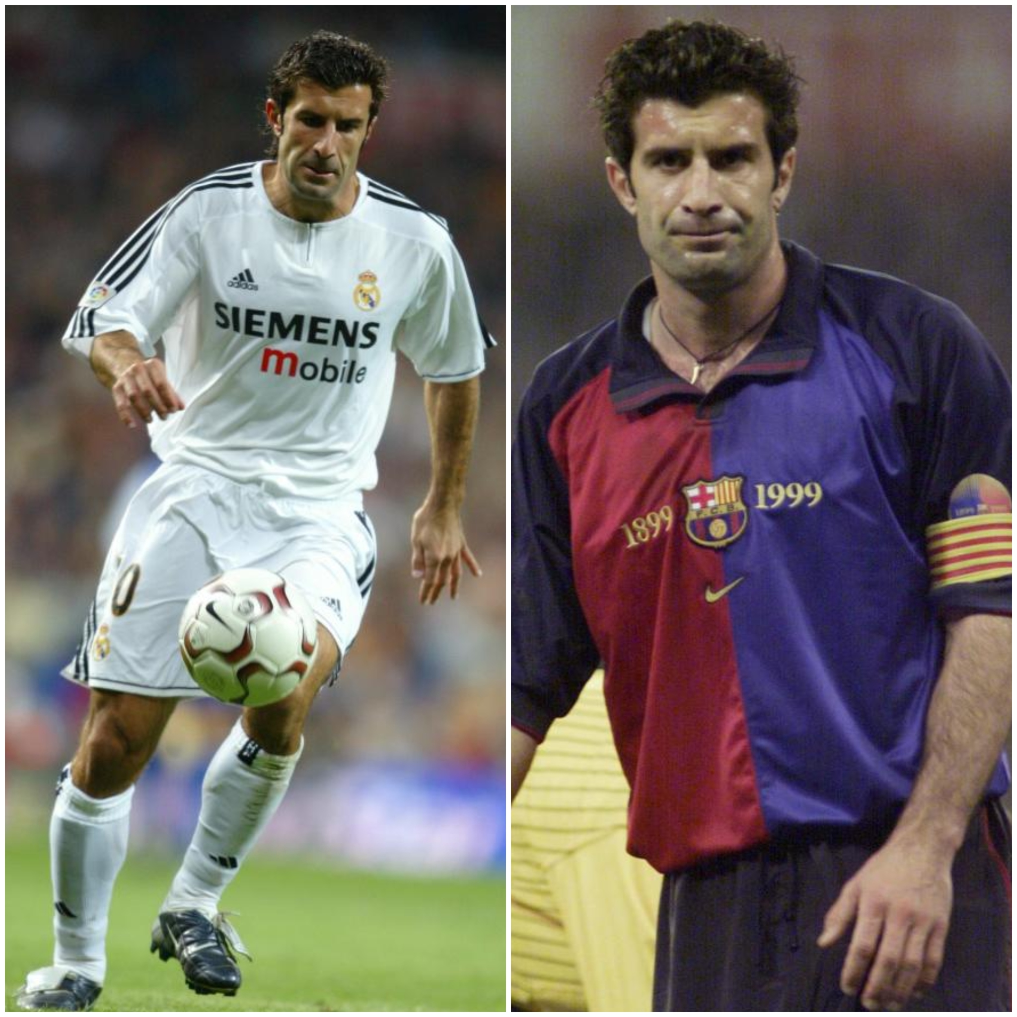 فيغو بقميص برشلونة وريال مدريد.