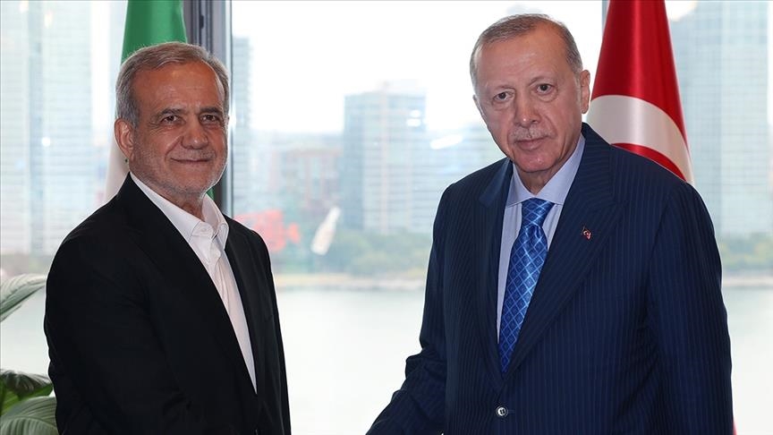 لقاء سابق بين إردوغان وبزشكيان (أ ف ب)