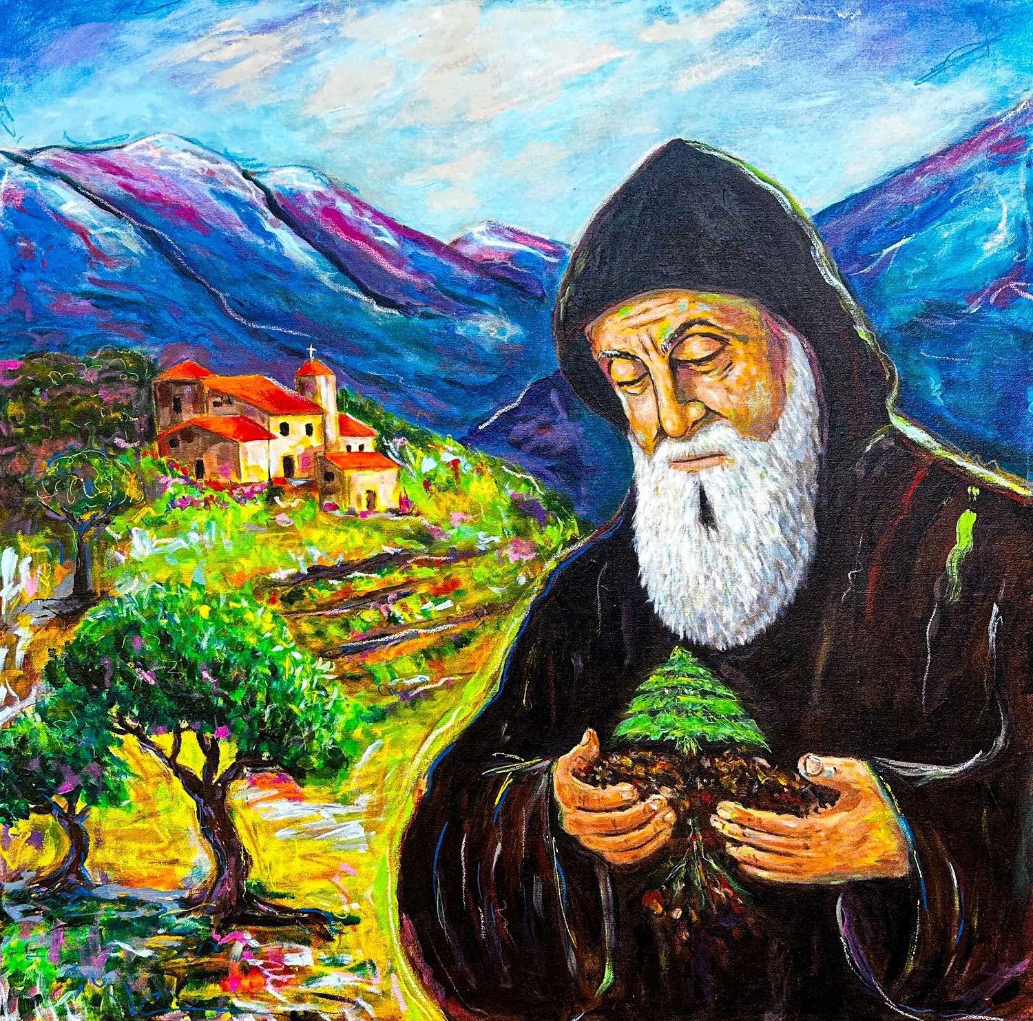 القديس شربل يحضن أَرزة لبنان.