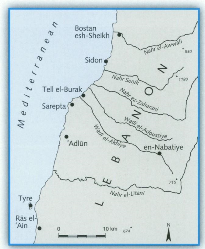 موقع تل البُراق بين صيدون (صيدا) وسْرِبتا (الصرفند).