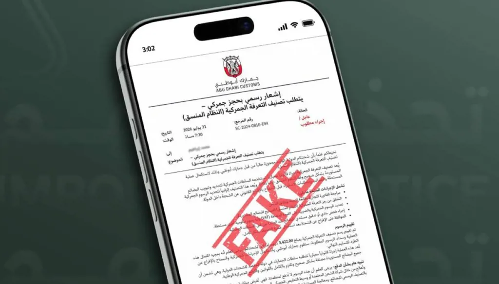 جمارك أبوظبي تحذر من رسائل احتيالية تطلب بيانات وسداد رسوم