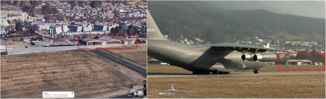 مقارنة بين لقطة من الفيديو الأصليّ (يمين) ولقطة لمطار إنسبروك في النمسا على خدمة خرائط غوغل (يسار) مع إضافة إشارات إلى العناصر المتطابقة