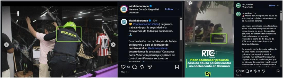 مقارنة بين لقطة من الفيديو المتداول (يمين) ولقطة تُظهر ملابس الشرطة والكولومبية (يسار)