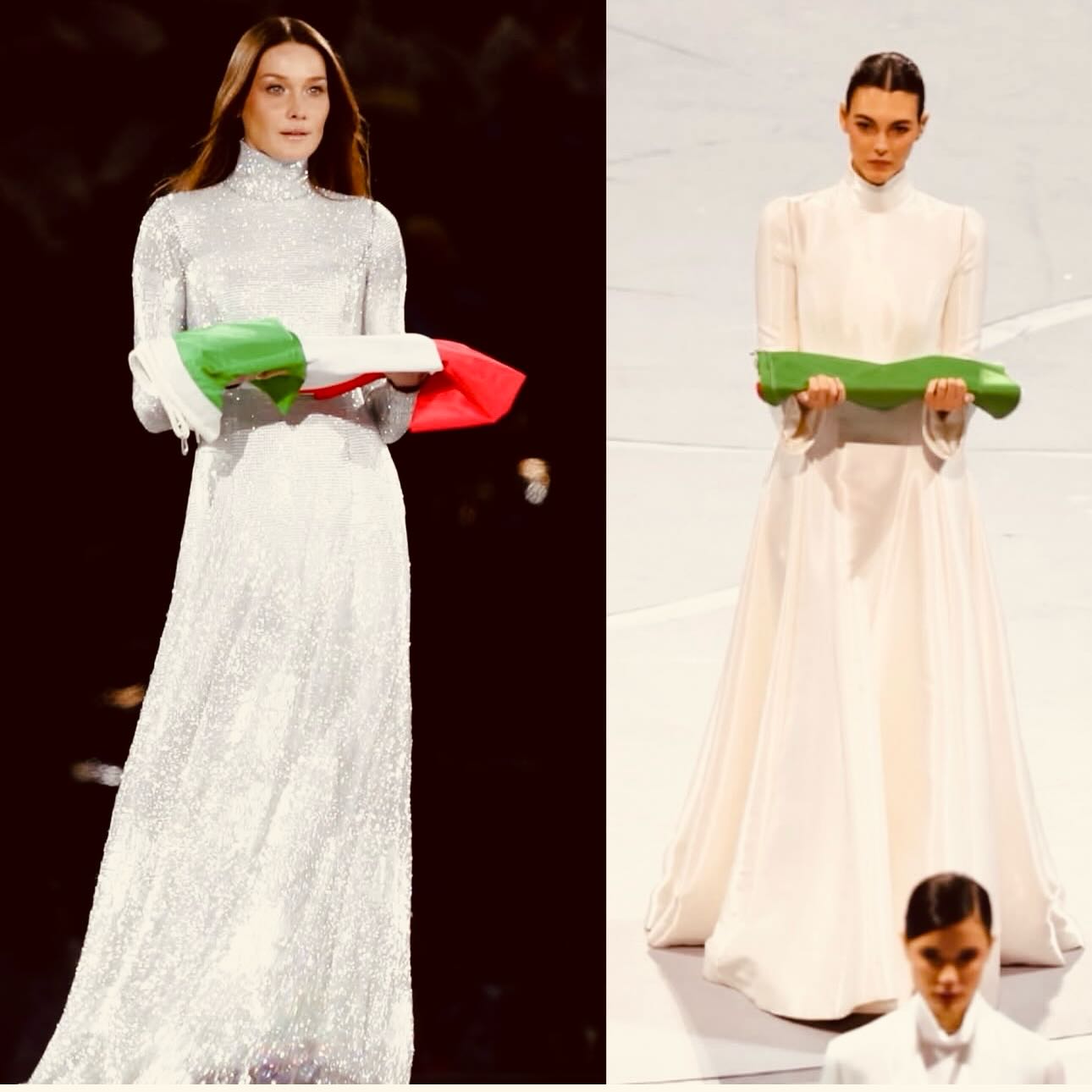 مقارنة بين فيتوريا تشيريتي وكارلا بروني في حمل علم إيطاليا خلال حفل الأولمبياد بفارق 20 سنة بين الأولى والثانية (إنستغرام)