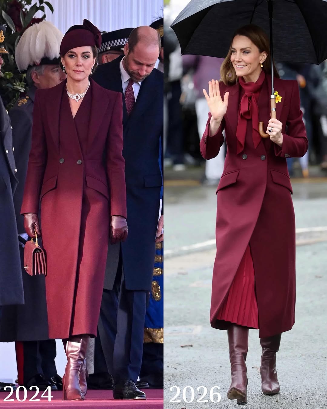 كيت ميدلتون بالمعطف البرغندي المكرر في ويلز (انستغرام)