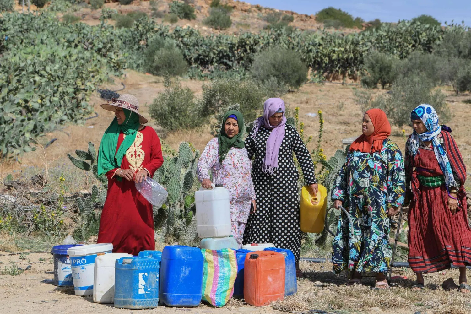 نساء ينتظرن لملء الأوعية بالماء من بئر ري خاصة وفرها مزارع في بلدة سبيخة، التي تعاني من مشاكل في مياه الشرب منذ سنوات، بالقرب من مدينة القيروان وسط تونس في 25 حزيران 2024 (أ ف ب)