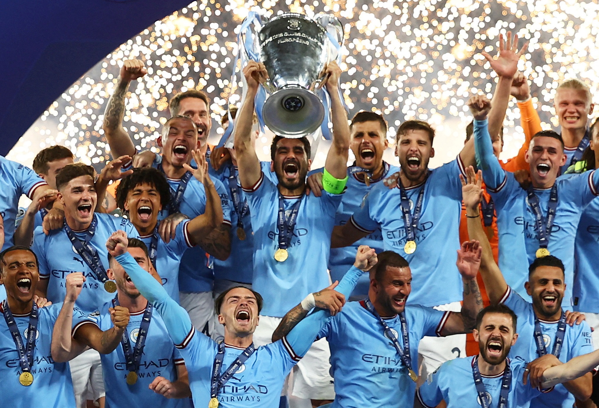 مانشستر سيتي لحظة تتويجه بلقب دوري أبطال أوروبا لموسم 2022-2023. (أ ف ب)