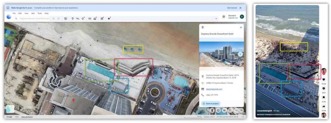مقارنة بين لقطة من الفيديو (يمين) ولقطة من خدمة خرائط غوغل (يسار) مع إضافة إشارات للعناصر المتطابقة