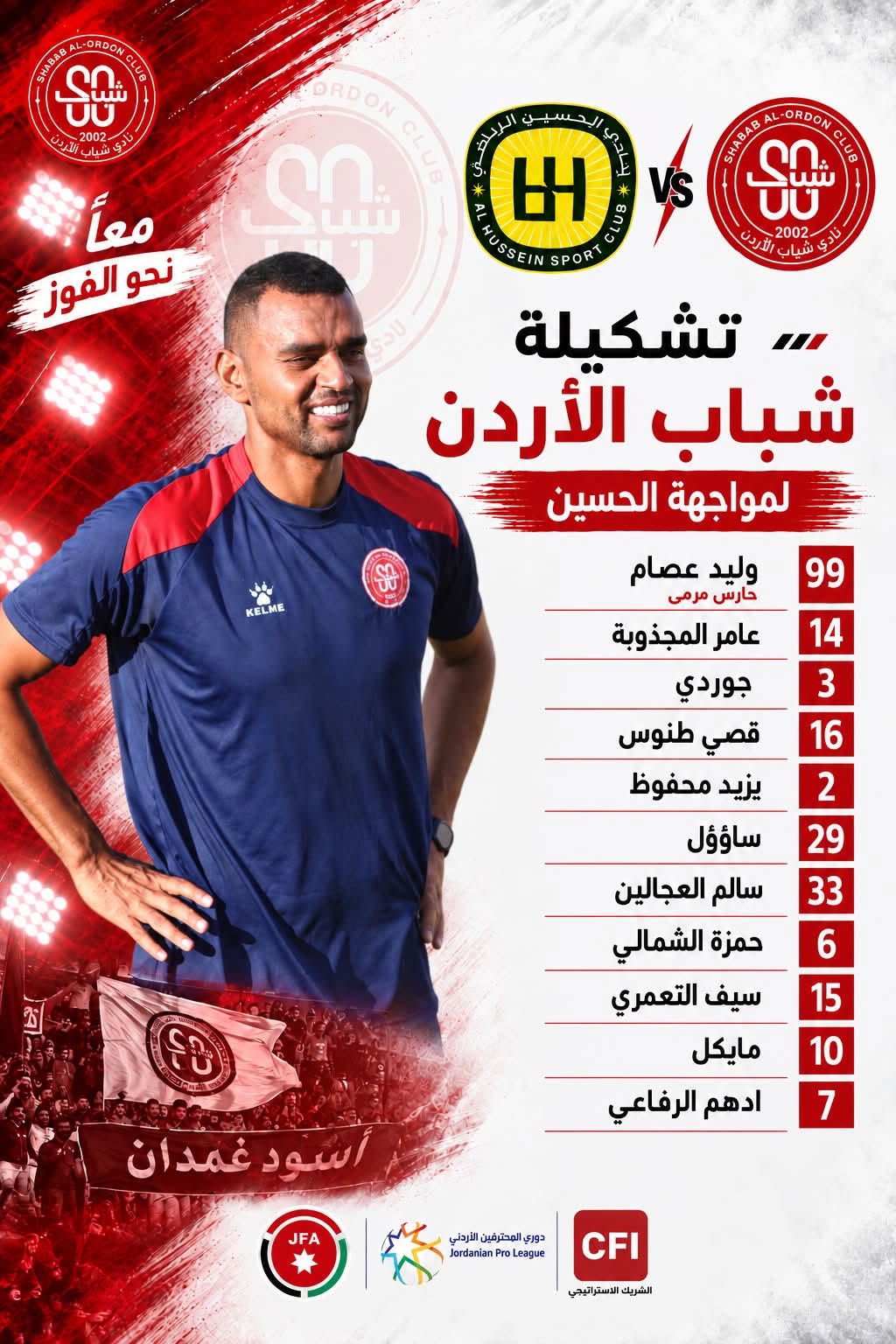 تشكيلة شباب الأردن لمواجهة الحسين إربد في الدوري الأردني.