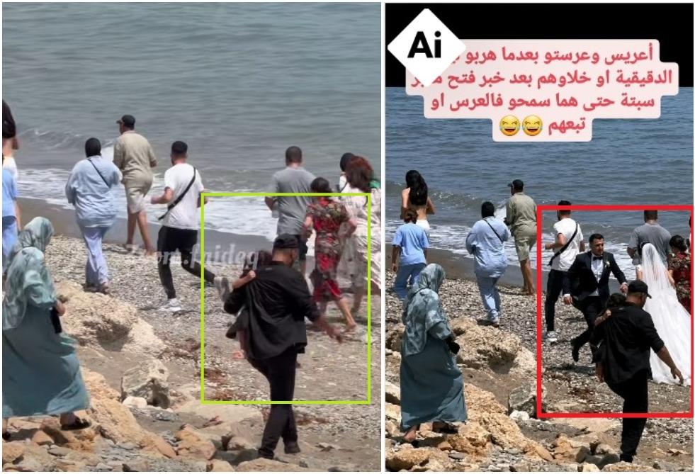 مقارنة بين لقطة من الصورة المركّبة (يمين) ولقطة من الفيديو على فايسبوك (يسار) مع إضافة إشارة للعنصر المختلف