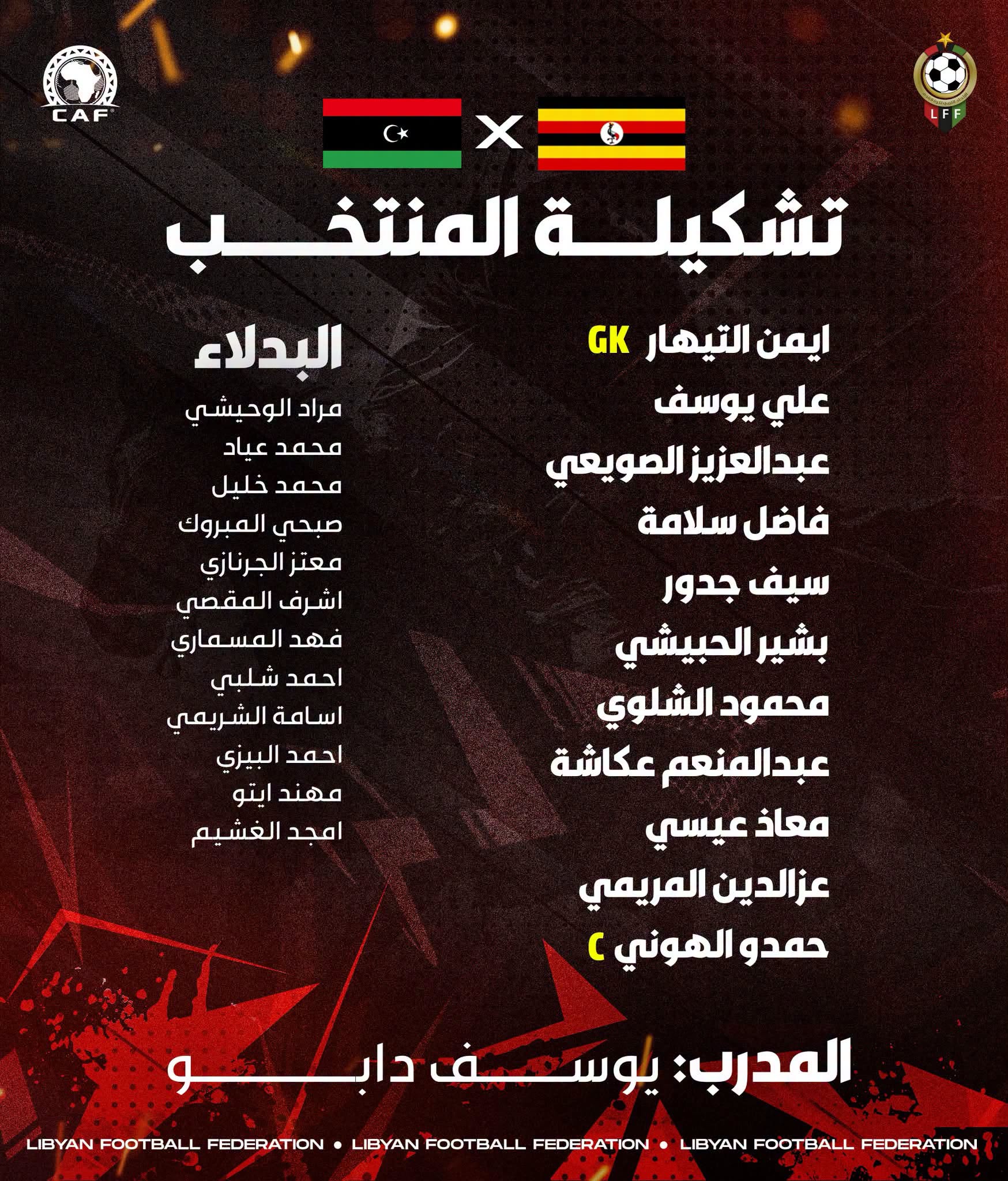 تشكيلة ليبيا لمواجهة أوغندا في تصفيات كأس أمم أفريقيا.
