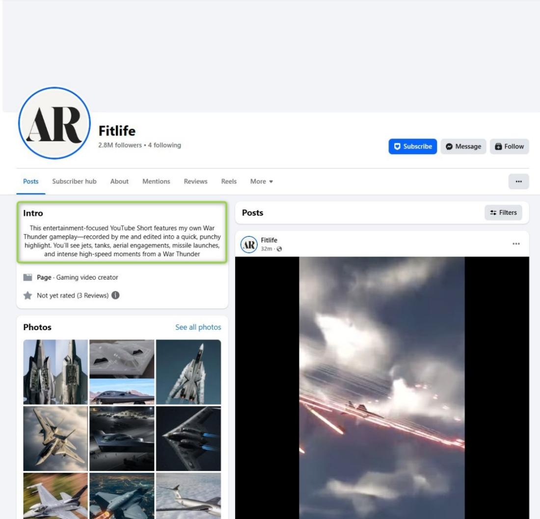 صورة ملتقطة من الشاشة بتاريخ 4 آذار/مارس 2026 عن موقع فيسبوك مع إضافة إشارة للخانة التعريفية للحساب