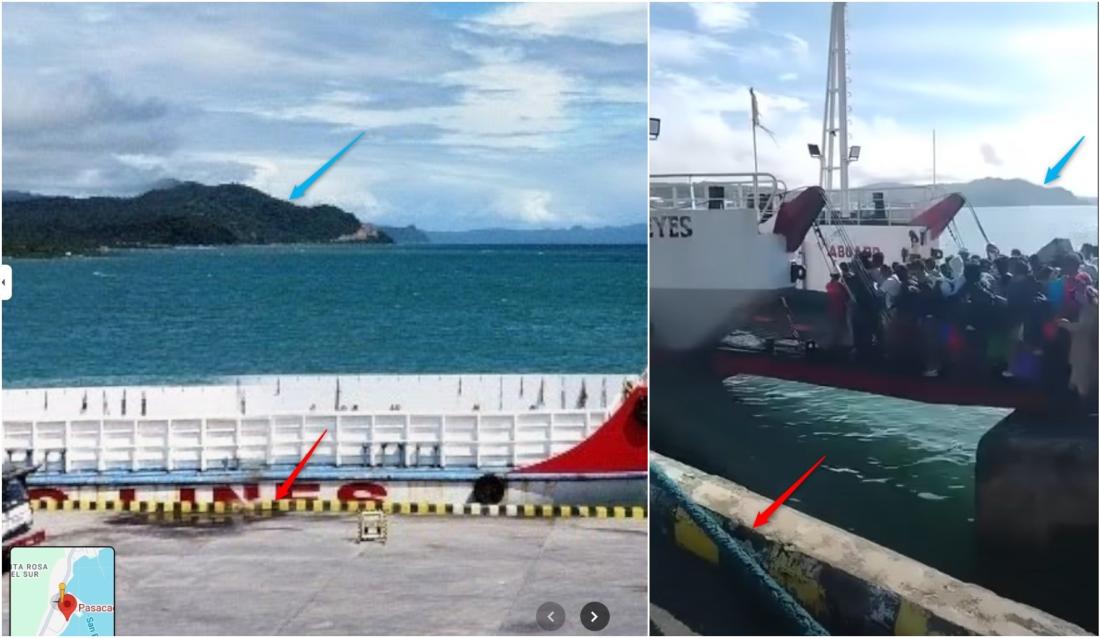 مقارنة بين لقطة من الفيديو (يمين) ولقطة من خدمة خرائط غوغل (يسار) مع إضافة إشارات للعناصر المتطابقة