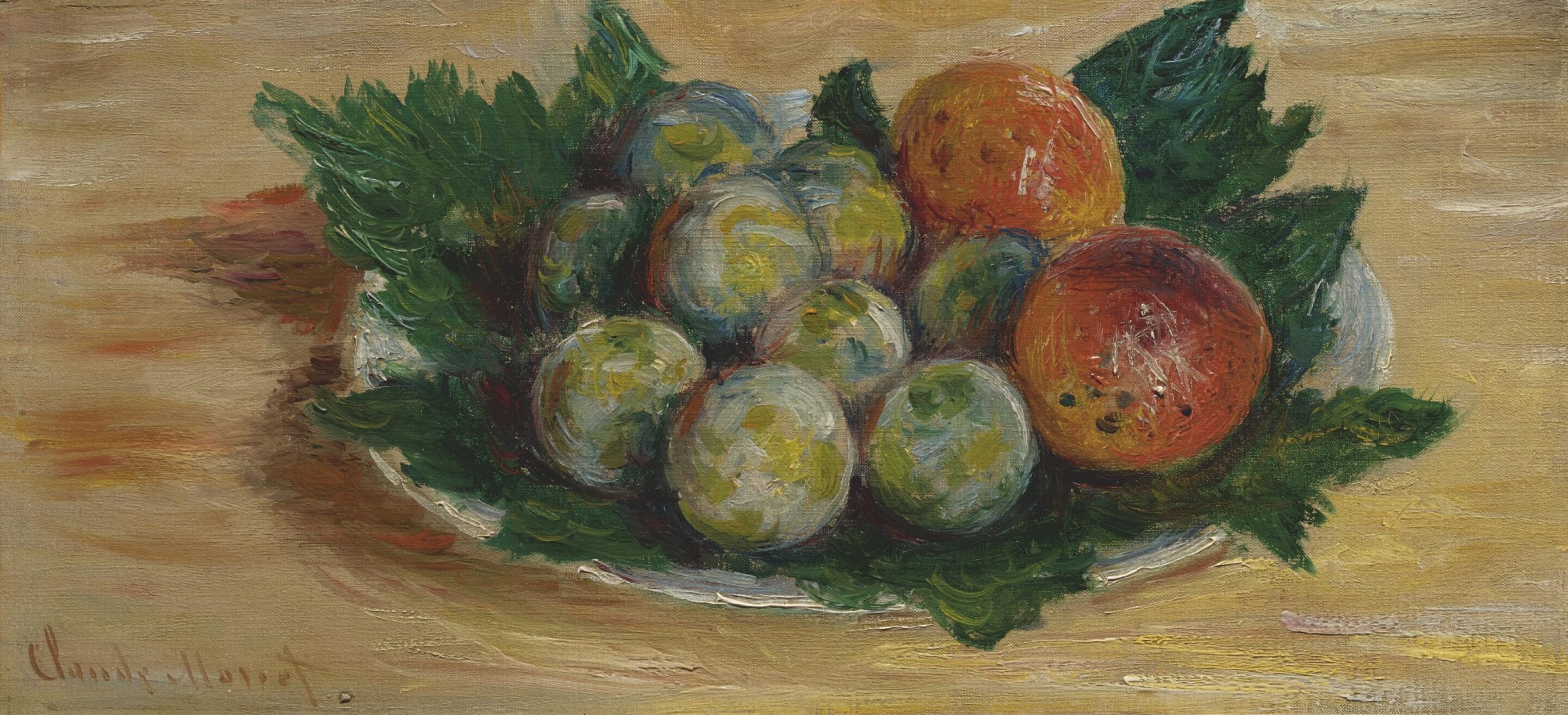 لوحة Prunes et Abricots للفنان الفرنسي كلود مونيه، المنجزة بين عامَي 1882 و1885. (Sotheby's)