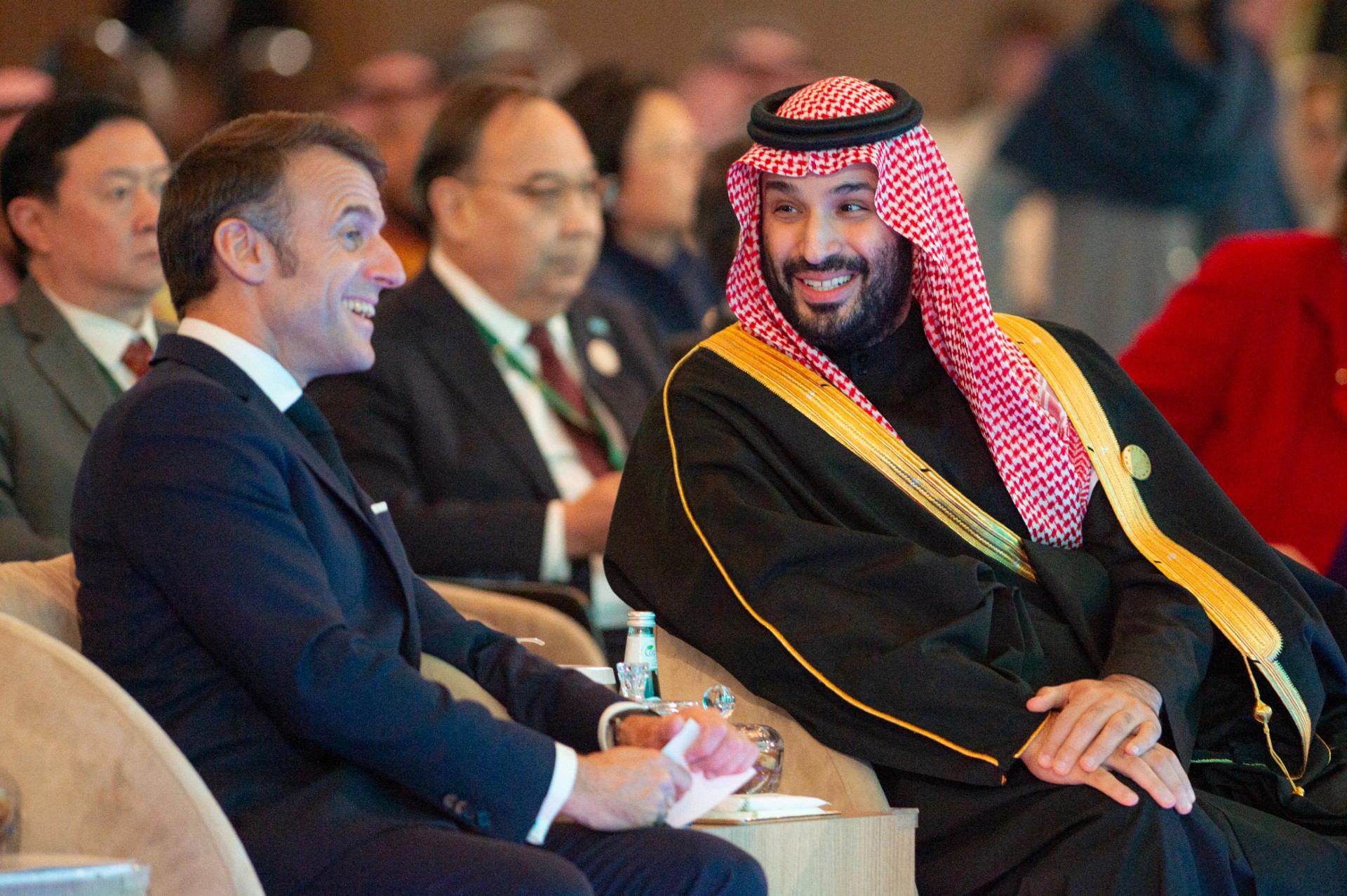 الرئيس الفرنسي إيمانويل ماكرون وولي العهد السعودي الأمير محمد بن سلمان.(أف ب).