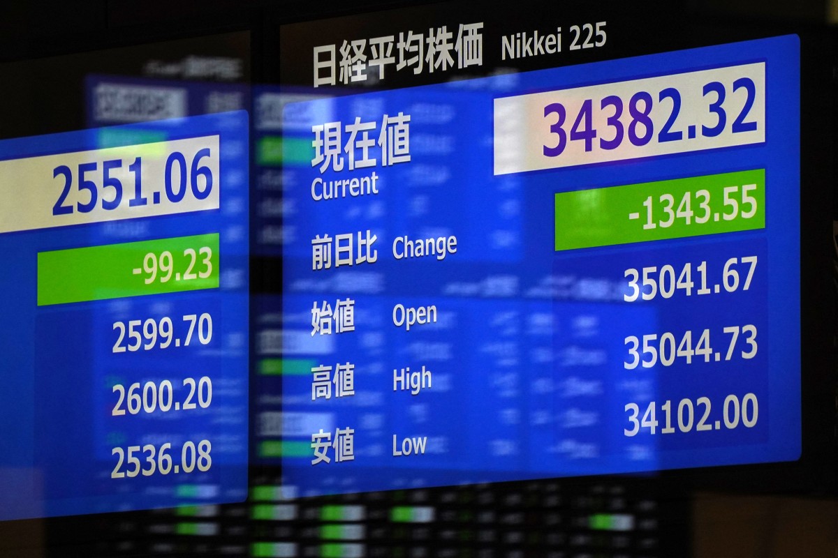 لوحة إلكترونية تعرض أرقام مؤشر نيكي للأوراق المالية في بورصة طوكيو (أ ف ب).