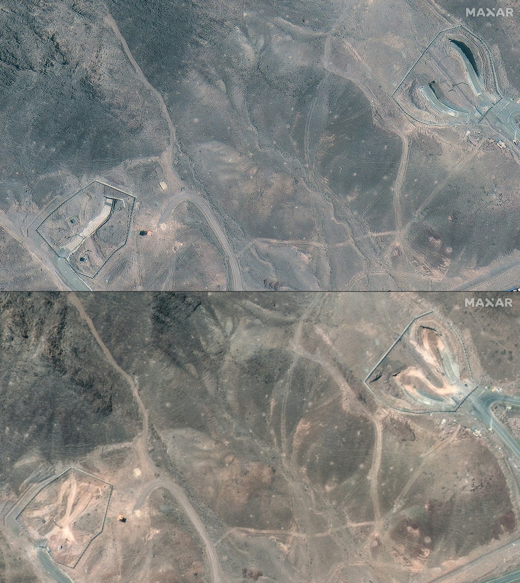 صورة مركّبة لمنشأة فوردو قبل الاستهداف الأميركي وبعده (أ ف ب).