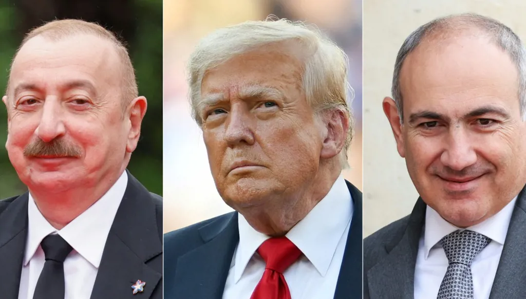 صورة مركبة لباشينيان وترامب وعلييف (أ ف ب)