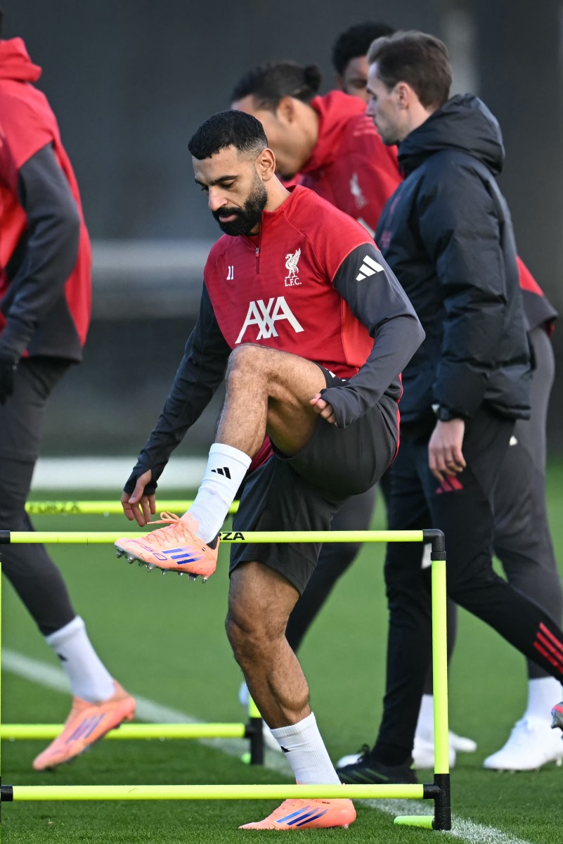 محمد صلاح في تدريب سابق لليفربول. (أ ف ب)