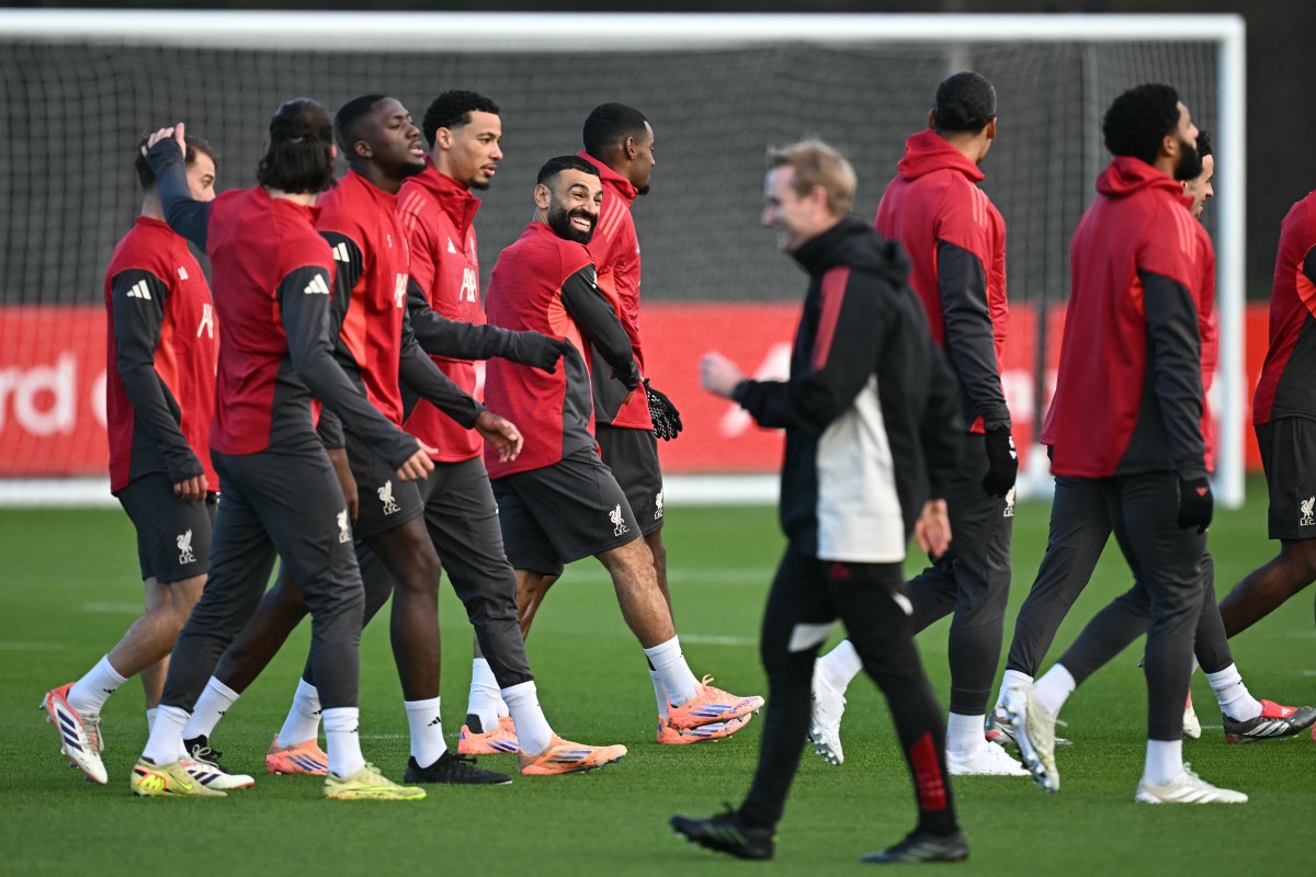 محمد صلاح في تمارين ليفربول. (أ ف ب)