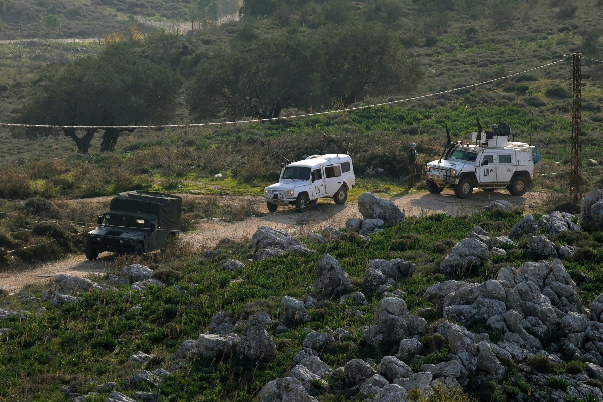 United Nations peacekeepers with the UN Interim Force in Lebanon (UNIFIL) patrol in vehicles together with Lebanese soldiers near the border with Israel in southern Lebanon, on January 8, 2026. (AFP)
