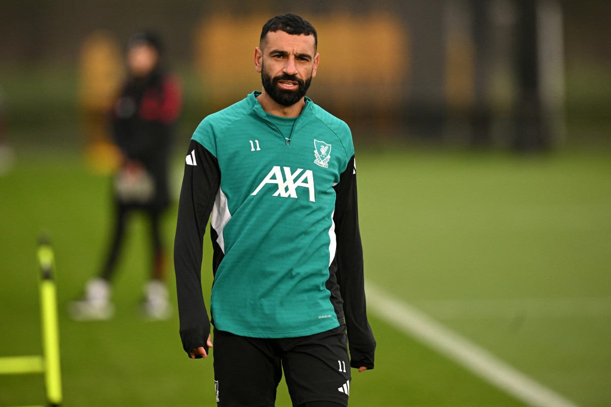 محمد صلاح خلال تدريبات ليفربول. (أ ف ب)