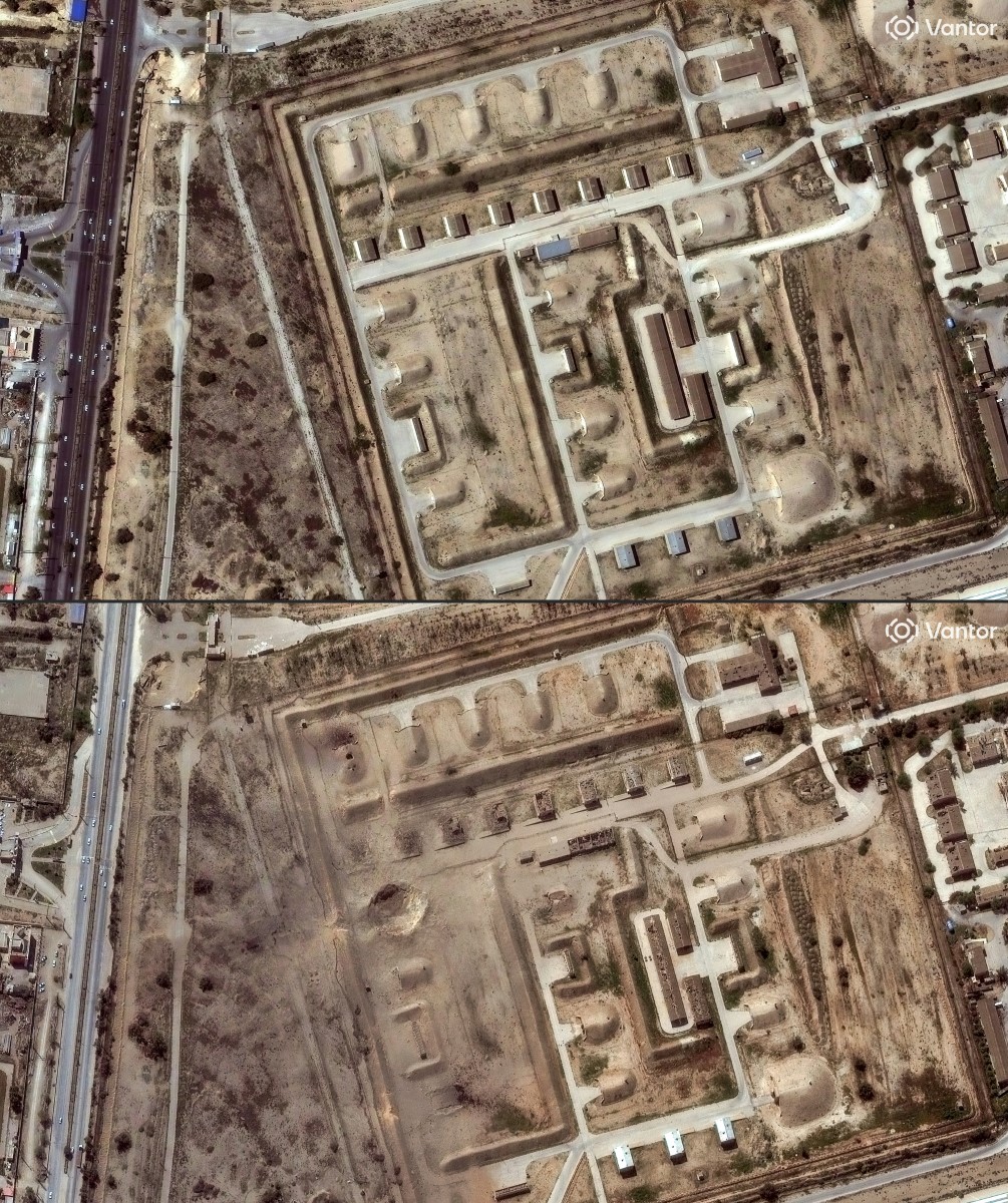 صورتان التقطتهما الأقمار الاصطناعية لقاعدة جوية مجاورة لمطار بوشهر الدولي في جنوب إيران، قبل الضربات الجوية في 27 شباط/فبراير 2026 (أعلى)، وبعدها في 7 آذار/مارس 2026 (أسفل). (فانتور)