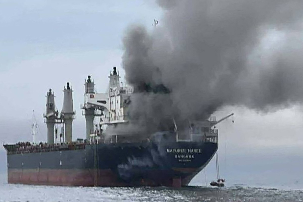 Smoke rising from the Thai cargo ship 