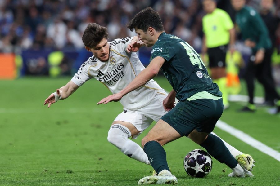 الريال ضد مانشستر سيتي في لقاء الذهاب. (أ ف ب)