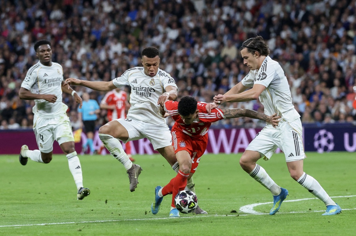 من مباراة الذهاب بين ريال مدريد وبايرن مونيخ. (أ ف ب)