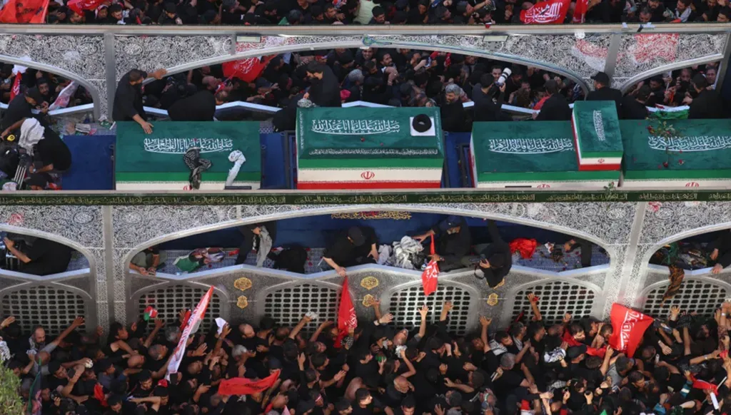 The procession carrying the coffin of Iran’s late Supreme Leader Ali Khamenei. (AFP)