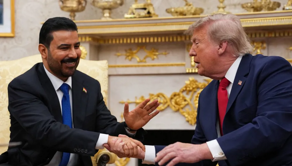الرئيس الأميركي دونالد ترامب يصافح رئيس الوزراء العراقي علي الزيدي في المكتب البيضوي بالبيت الأبيض في واشنطن. (أ ف ب)