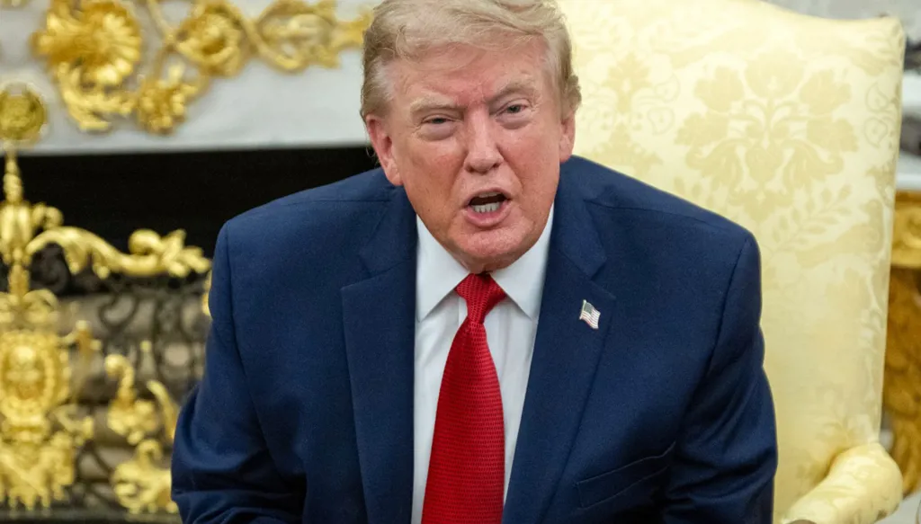 الرئيس الأميركي دونالد ترامب يتحدث خلال لقاء في المكتب البيضوي بالبيت الأبيض في واشنطن، في 17 آب/أغسطس 2026. (أ ف ب)