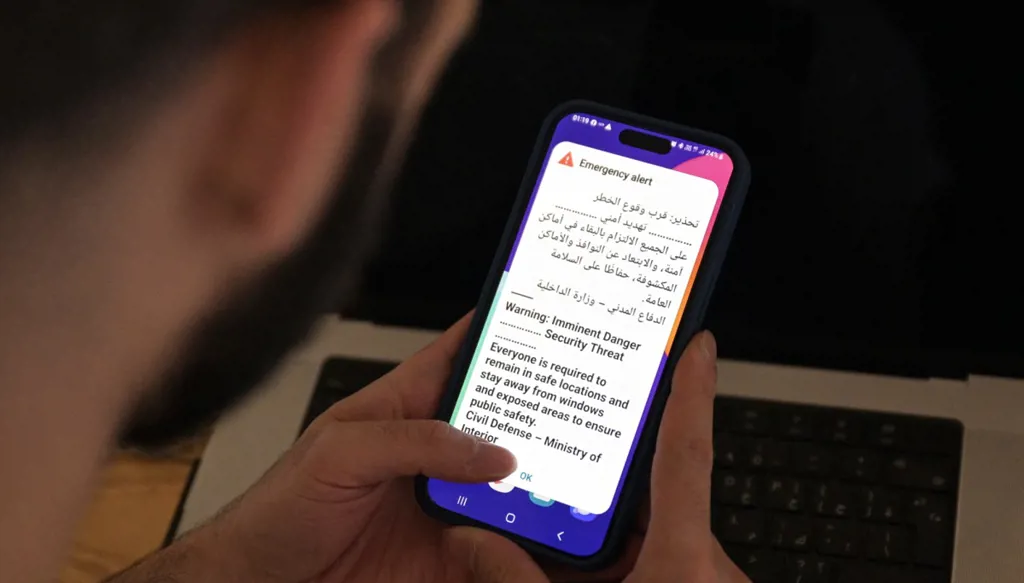 رجل كويتي يتفقد رسالة تحذير على هاتفه، فيما تدوي صفارات الإنذار خلال هجوم إيراني بصواريخ أو مسيّرات على مدينة الكويت، فجر 2 أيلول/سبتمبر 2026. (أ ف ب)