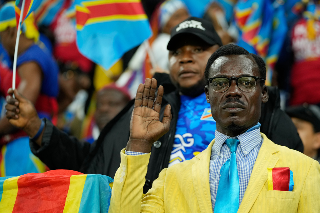 Senegal fans cheer their team during the Africa Cup of Nations group D soccer match between Senegal and DR Congo in Tangier, Morocco, Saturday, Dec. 27, 2025. (AP Photo/Themba Hadebe)