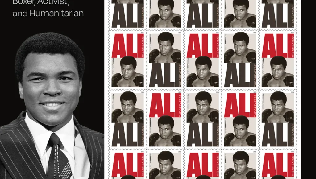 This image released by the United States Postal Service shows a commemorative Muhammad Ali stamp featuring a 1974 Associated Press photo of Ali. (United States Postal Service via AP)