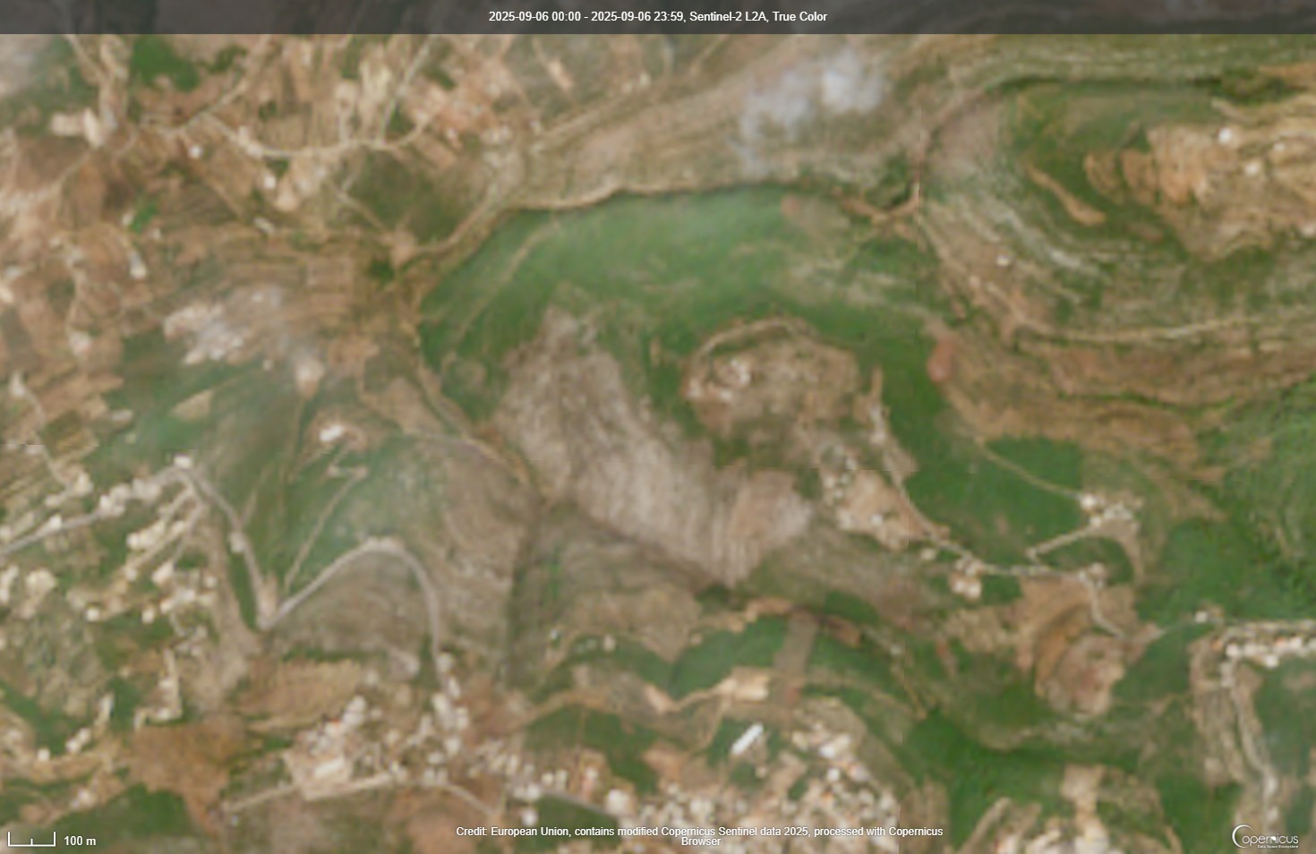 منطقة بزال بعد تغيير الغطاء النباتي خلال فترة 2020 و2025 (صورة من الأقمار الاصطناعية- خالد طالب)