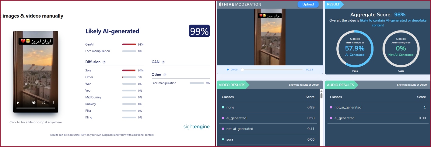 نتيجة فحص الفيديو في مواقع متخصصة بكشف التزييف