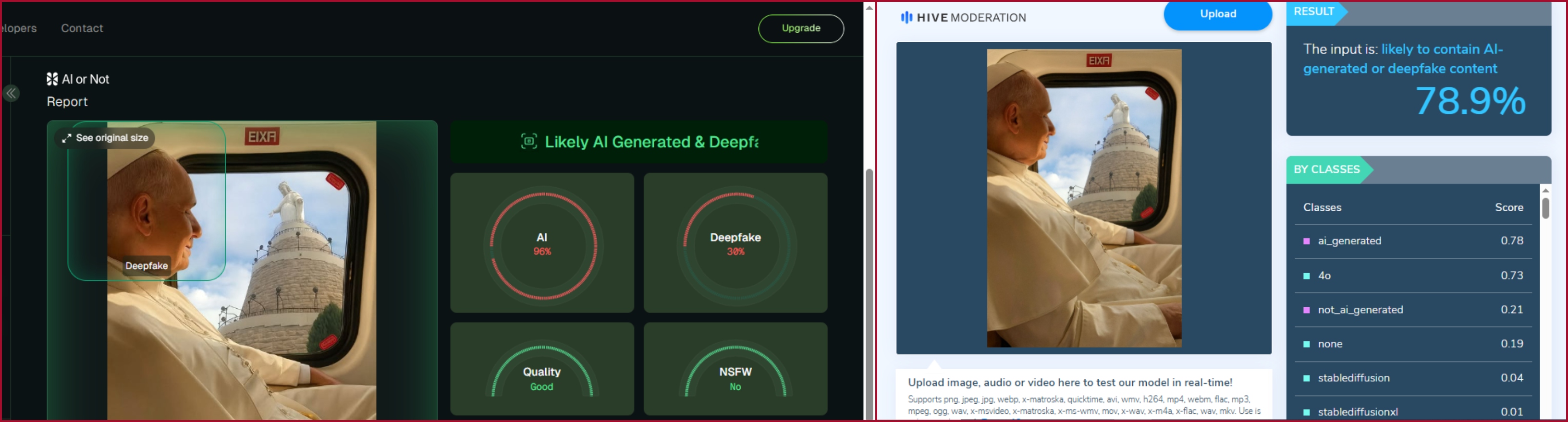 نتيجة فحص الصورة في موقعي Hive Moderation وAi or not