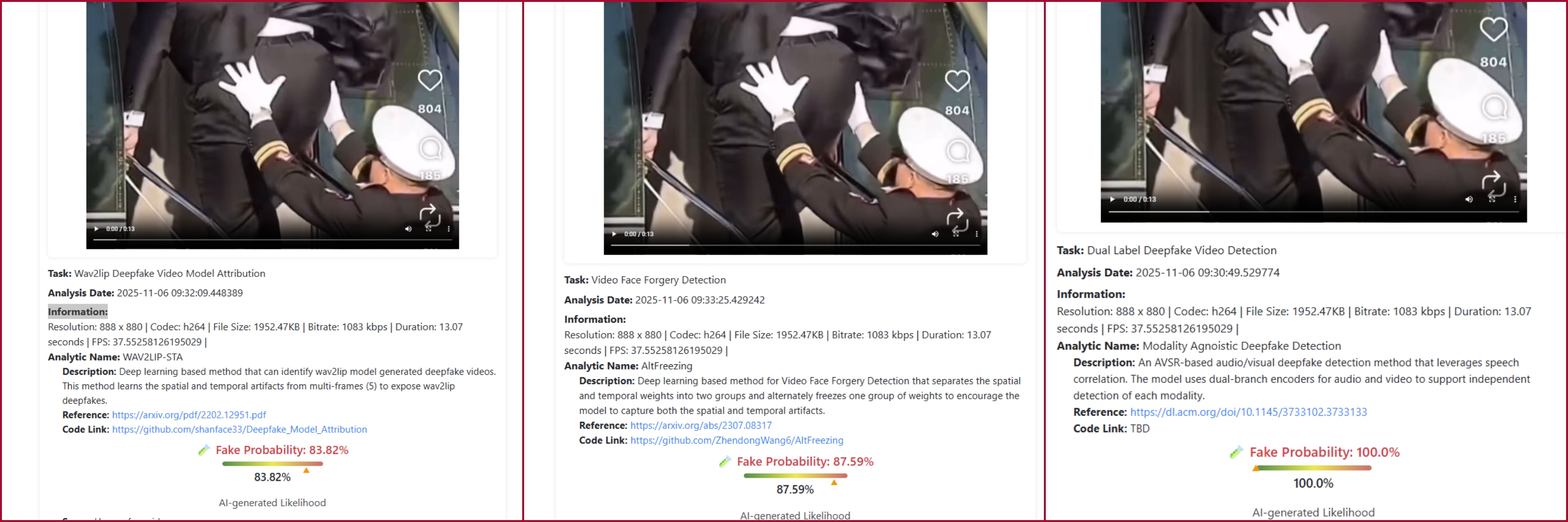 نتيجة فحص الفيديو في برنامج DeepFake-O-Meter