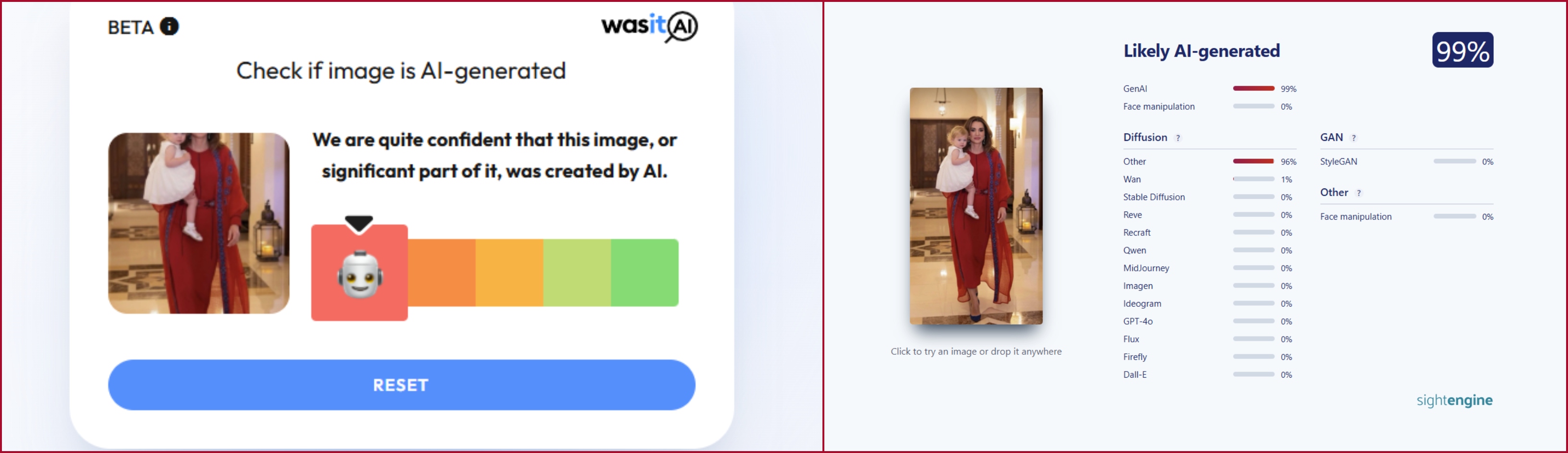 نتيجة فحص الصورة في موقعي Sightengine وWas it AI