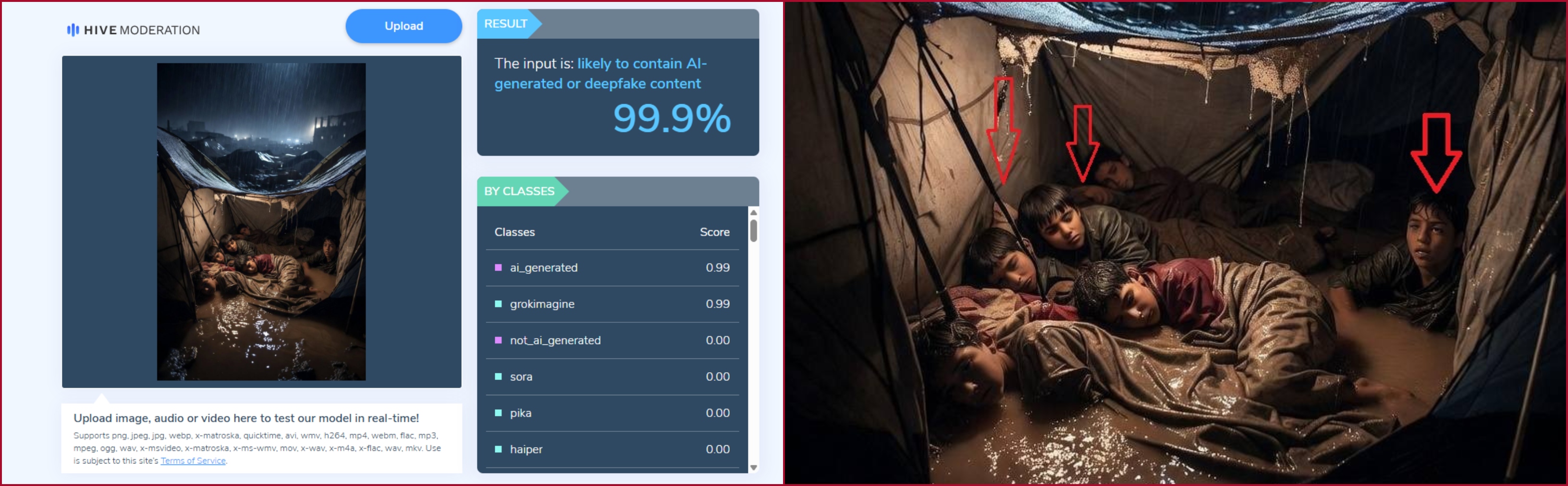 مؤشرات الى الذكاء الاصطناعي في الصورة ونتيجة فحصها في موقع Hive Moderation 