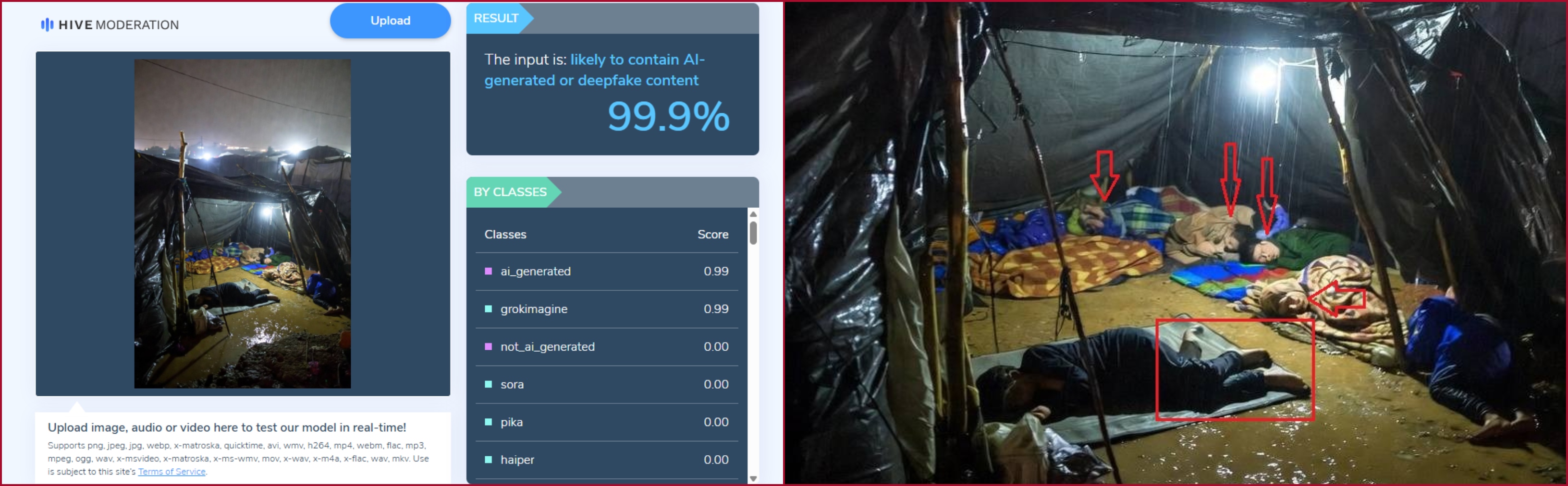 مؤشرات الى الذكاء الاصطناعي في الصورة ونتيجة فحصها في موقع Hive Moderation 