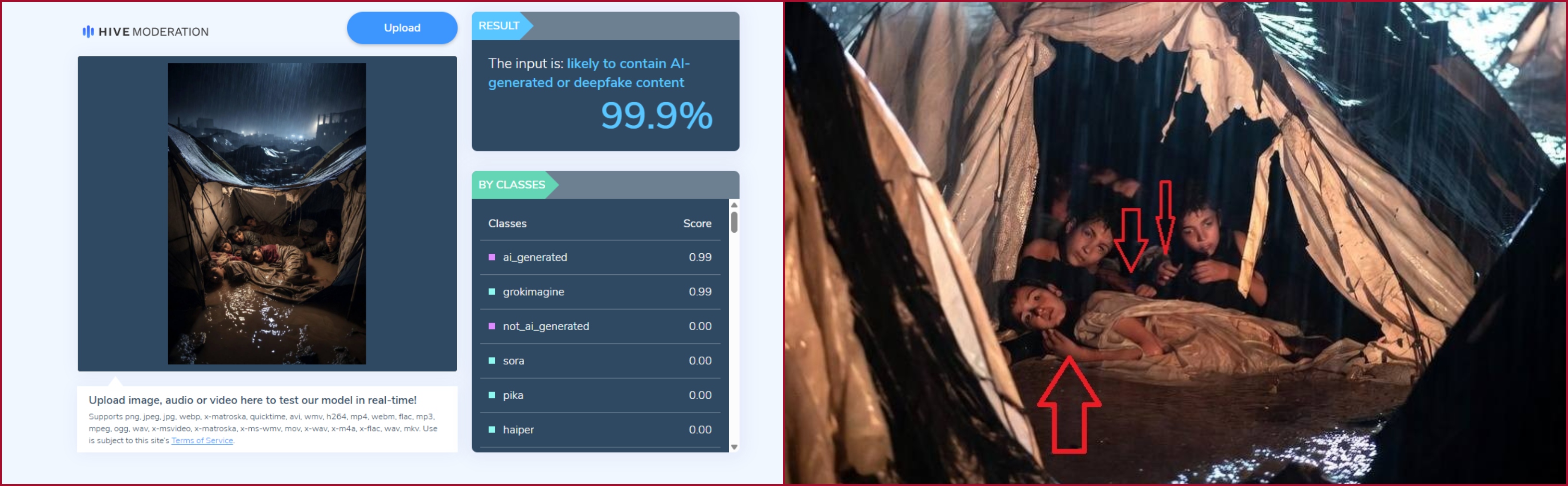 مؤشرات الى الذكاء الاصطناعي في الصورة ونتيجة فحصها في موقع Hive Moderation 