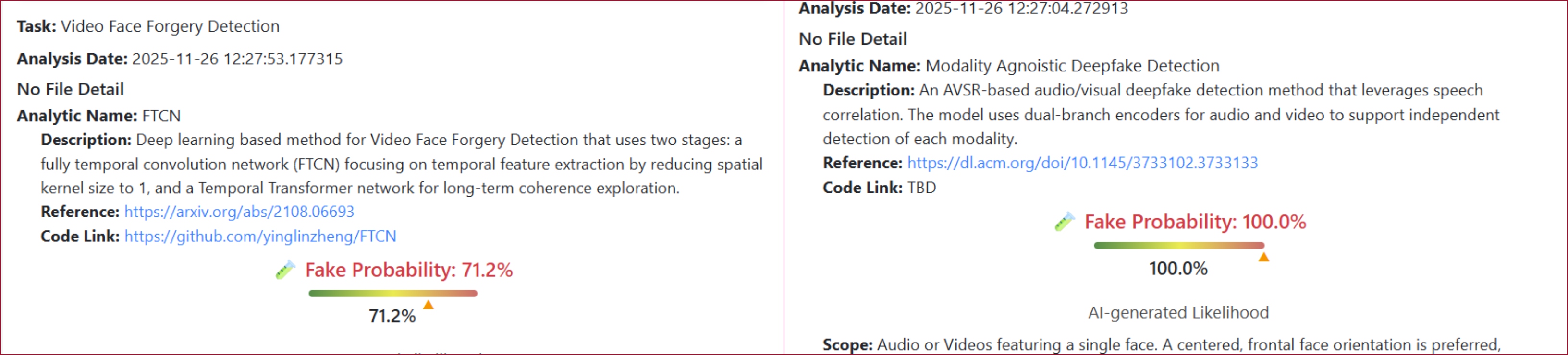 نتيجة فحص الفيديو بواسطة برنامج DeepFake-O-Meter