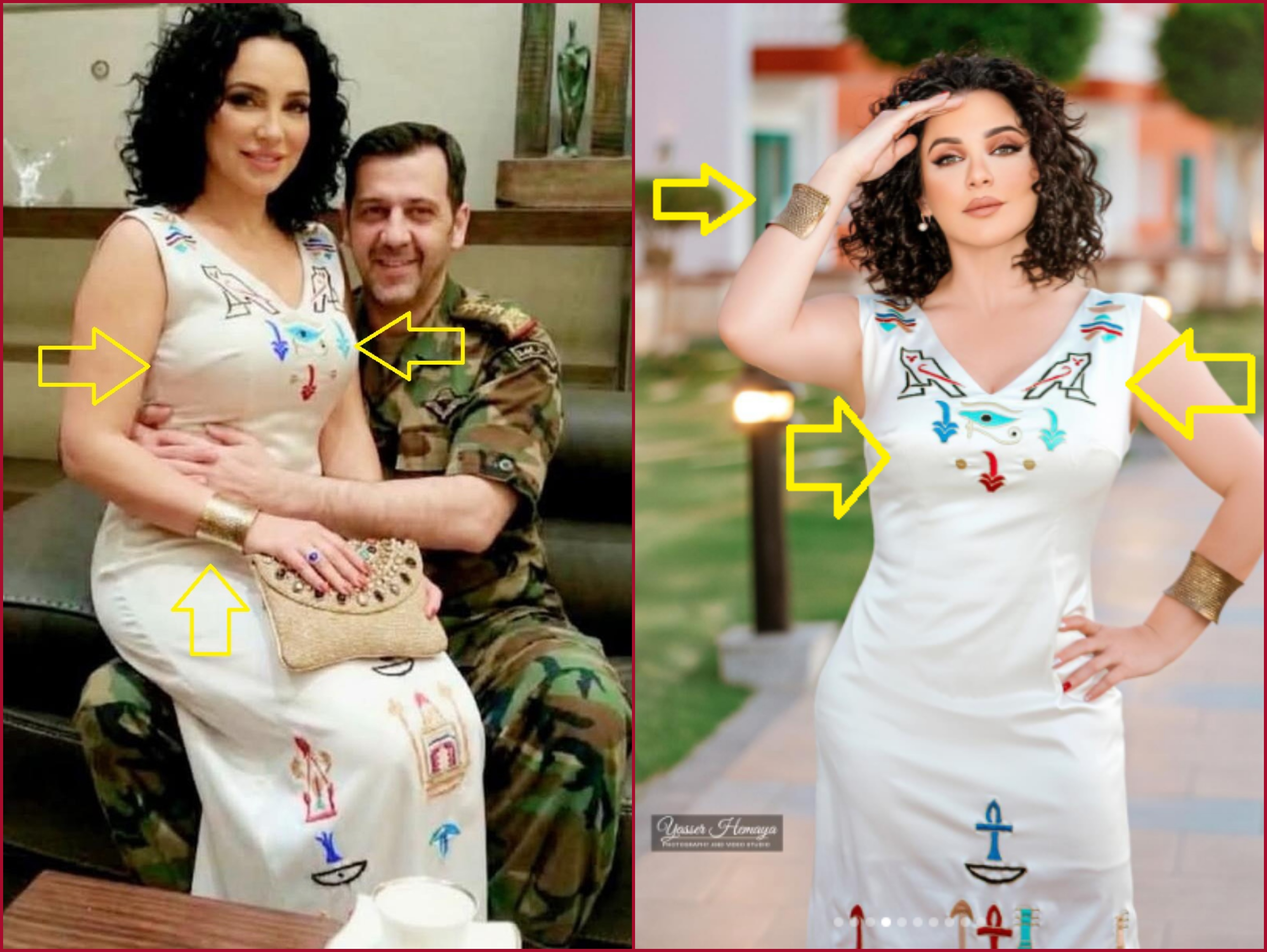 قواسم (بالاصفر) في صورة اصلية لفواخرجي (الى اليمين) والصورة المتناقلة