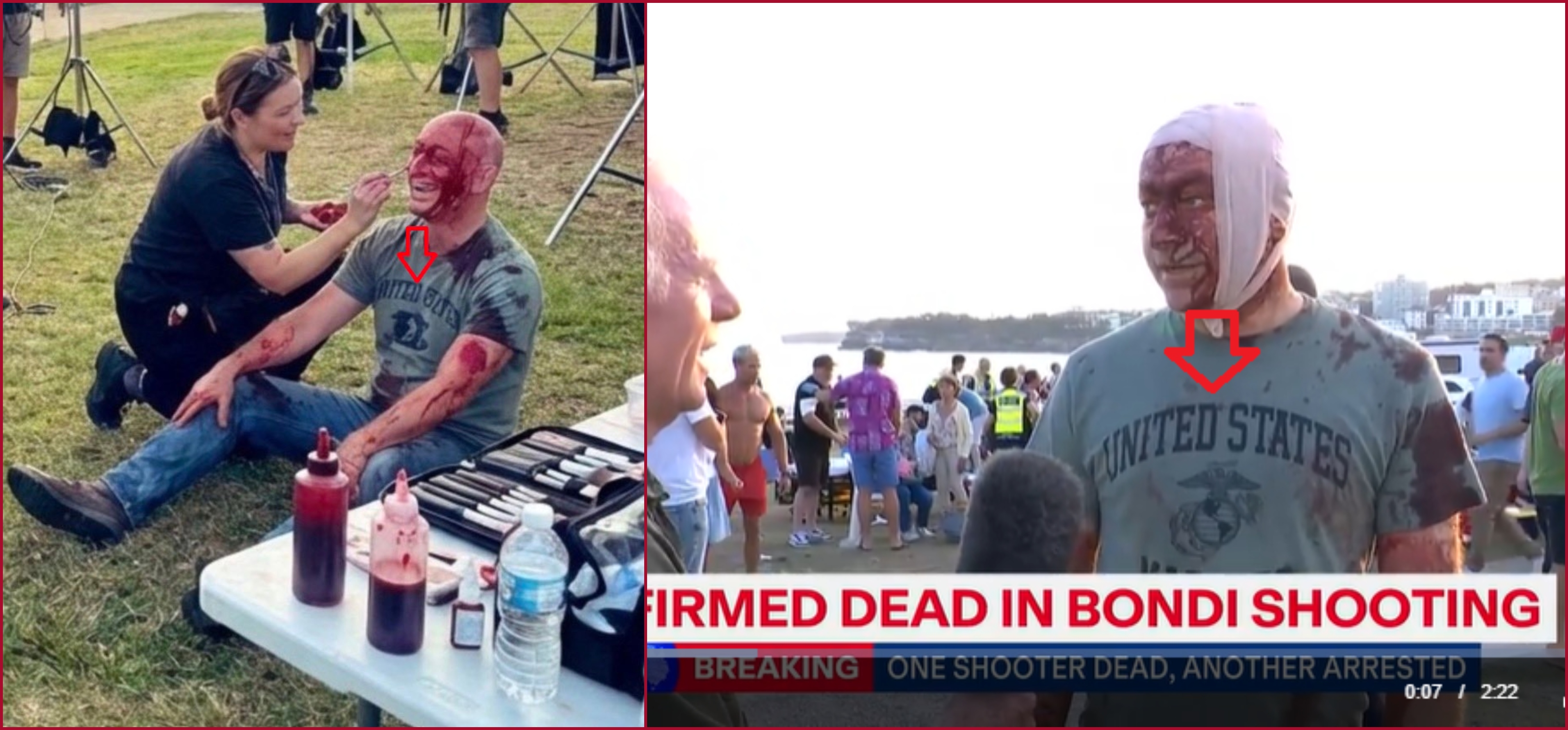 مقارنة للقميص في مشاهد اصلية (الى اليمين), وفي الصورة المتناقلة (الى اليسار)