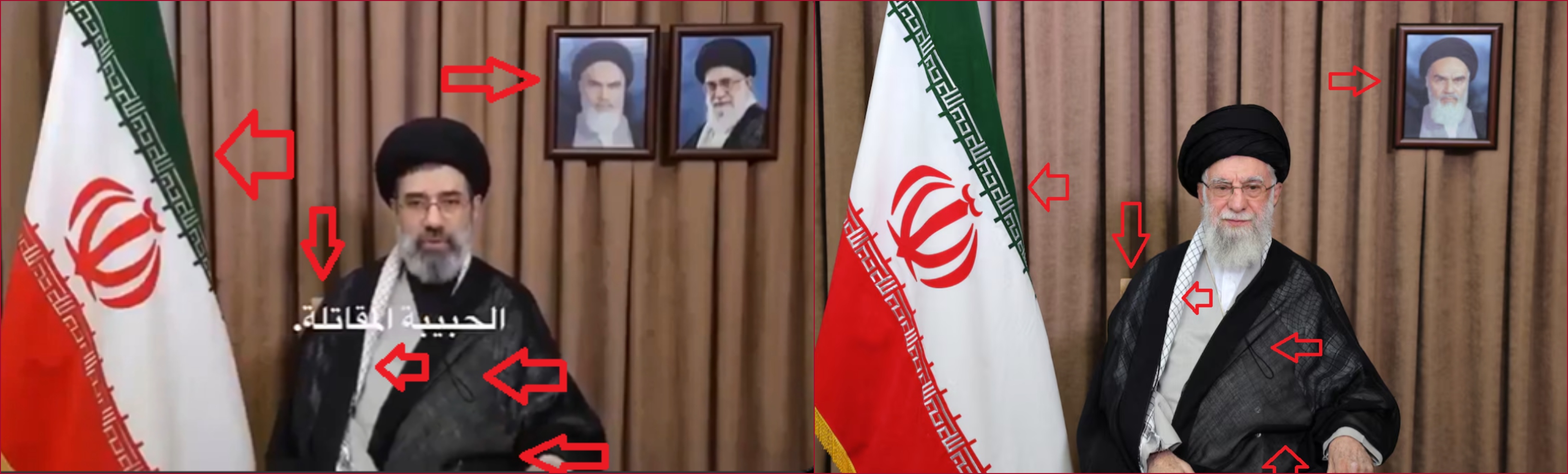 مقارنة بين الصورة الاصلية لخامنئي (الى اليمين) ولقطة من الفيديو المتناقل (الى اليسار) 